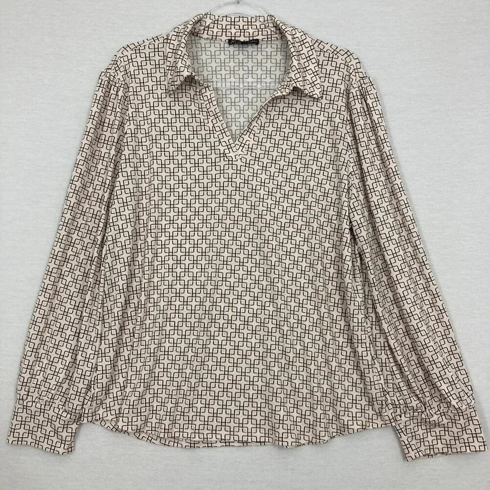 Adrianna Papell Cream Black Geometric Print Stretch Puff Sleeve Blouse XL